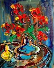 RED FLOWERS   ORIGINAL ABSTRACT BY KAZAV  Landscape Painting on Stretched fF4E3f