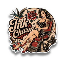 Pinup Girl Ink & Charm Tattoo Tattoist Vintage Vinyl Sticker Decal 100x95mm