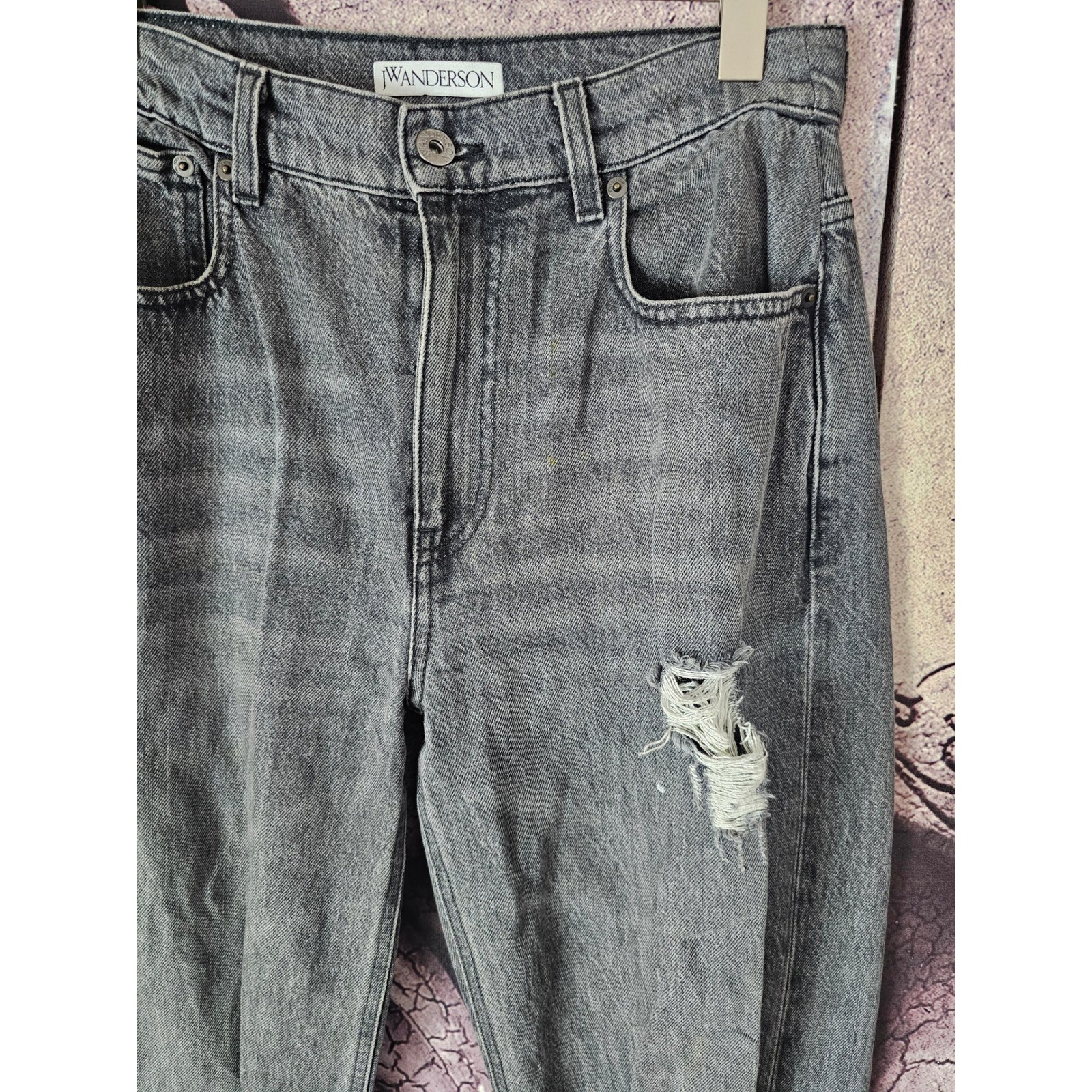 JW Anderson Bucket Distressed Mid Rise Gray Wash Wide Leg Jeans Size 28 TP01