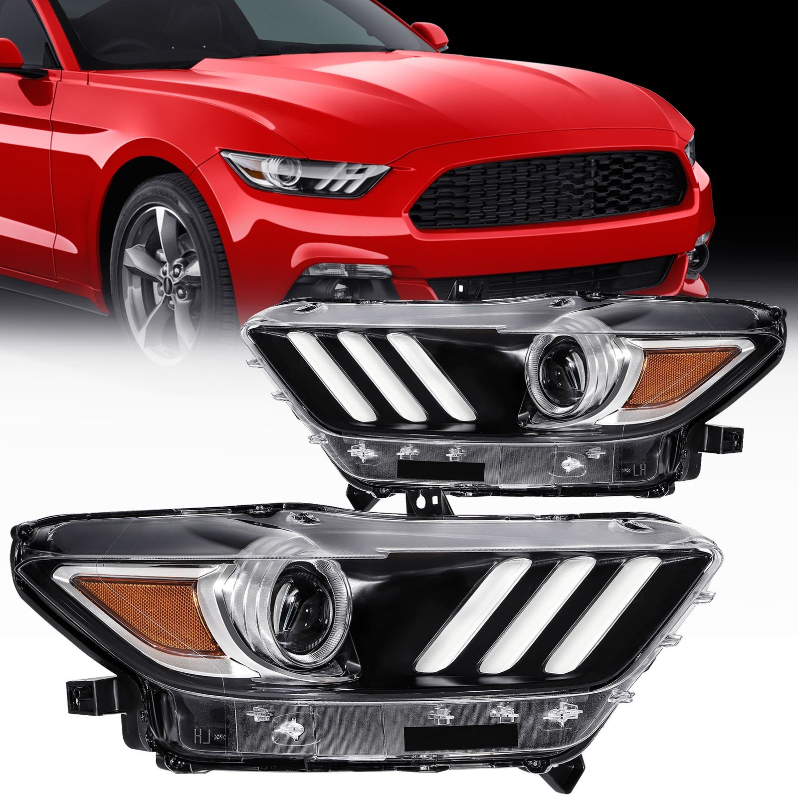 Pair Kit HID Headlights Assembly For 2015-2017 Ford Mustang Black Amber