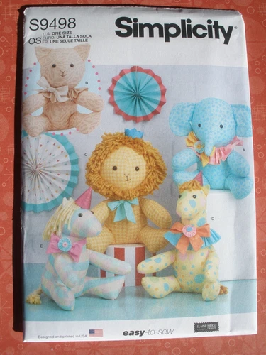 Simplicity 9498 Pony, Lion, Elephant, Giraffe Stuffed Plushies Sewing Pattern