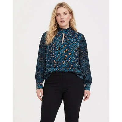 New NY&C Pleated Blouse XL Teal Orange Leopard Print High Neck Long Sleeve