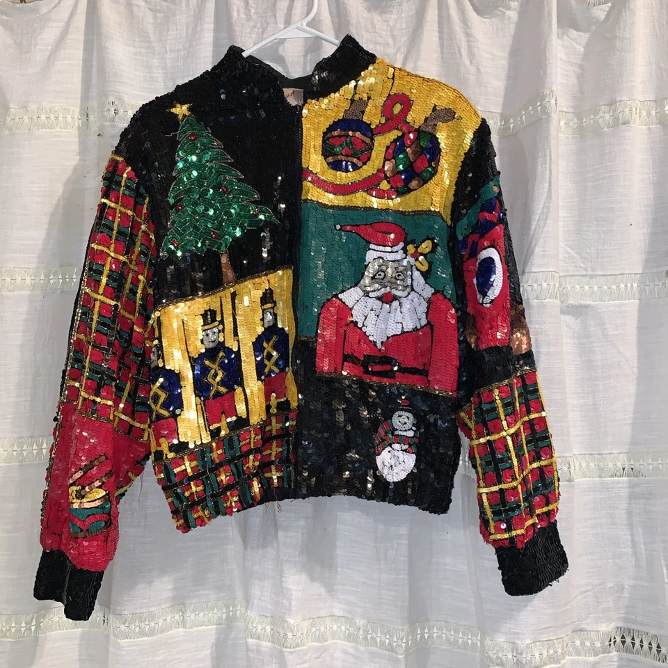 Vtg 80s Women's Just Fabulous Silk Sequin   Christmas Jacket Size M Statement - Image 2 of 4