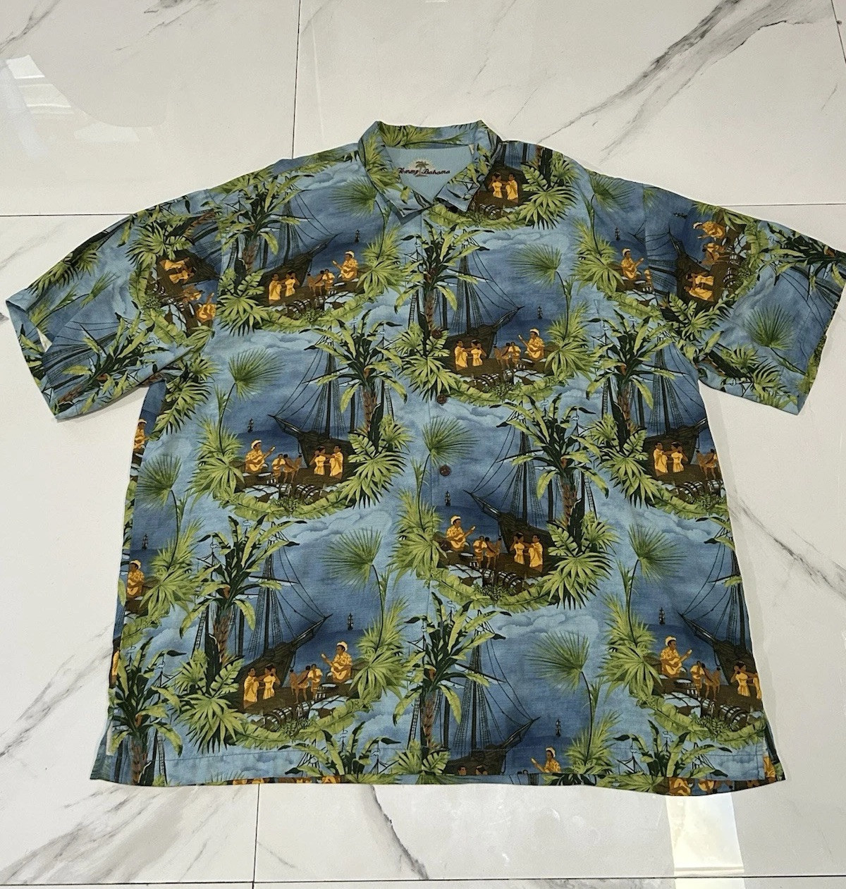 Tommy Bahama Hawaiian Silk Button Down Palm Tree Boat Shirt