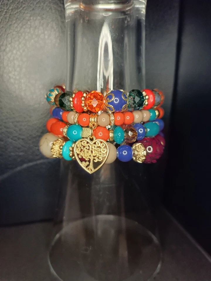 4fach- Perlen Stretch Armband mit Herz rot/blau/orange  - Bild 2 von 4