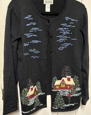 Quacker Factory Black Christmas Sweater Cardigan Size Large Embroidery EUC