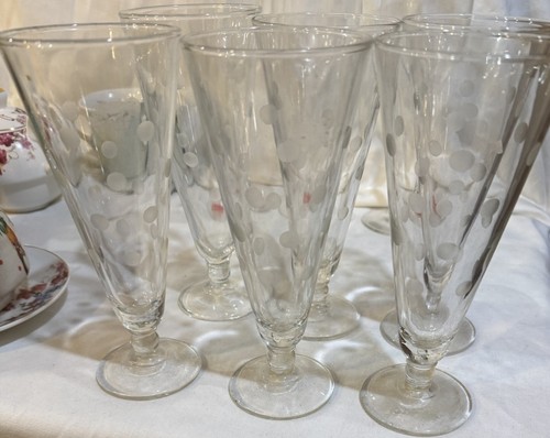 6 Vtg Pilsner Beer Glass Etched Coin Polka Dot 10 oz 7.5” Glasses Satin