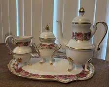 Porcelain Floral Tea Set 5-Piece w/ Lid Teapot Creamer Sugar Bowl Tray