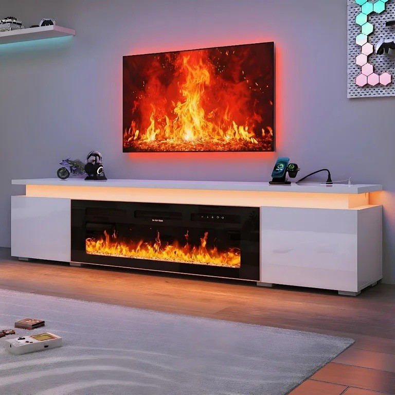 With 40" Fireplace For Modern Living Room, Glossy Fireplace