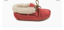 Minnetonka Charley SLIPPERS Girls 1 Kids Hot PINK Suede Leather RUBBER SOLE