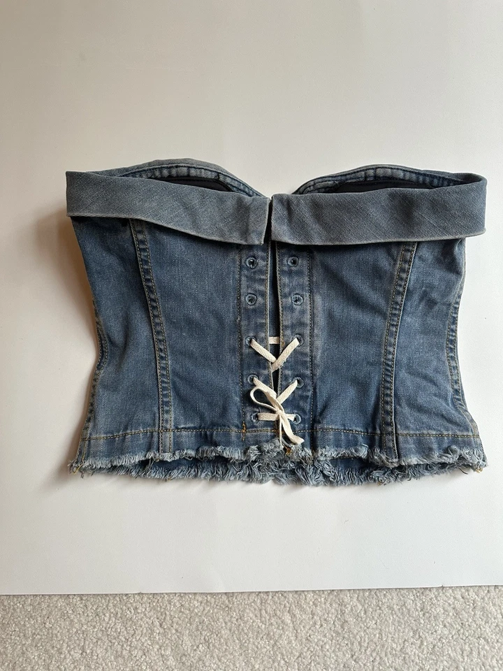 MARC JACOBS VINTAGE Y2K Talla 2 Denim Bustier Corsé Top Algodón Con cordones Espalda RARO Foto 3 de 4
