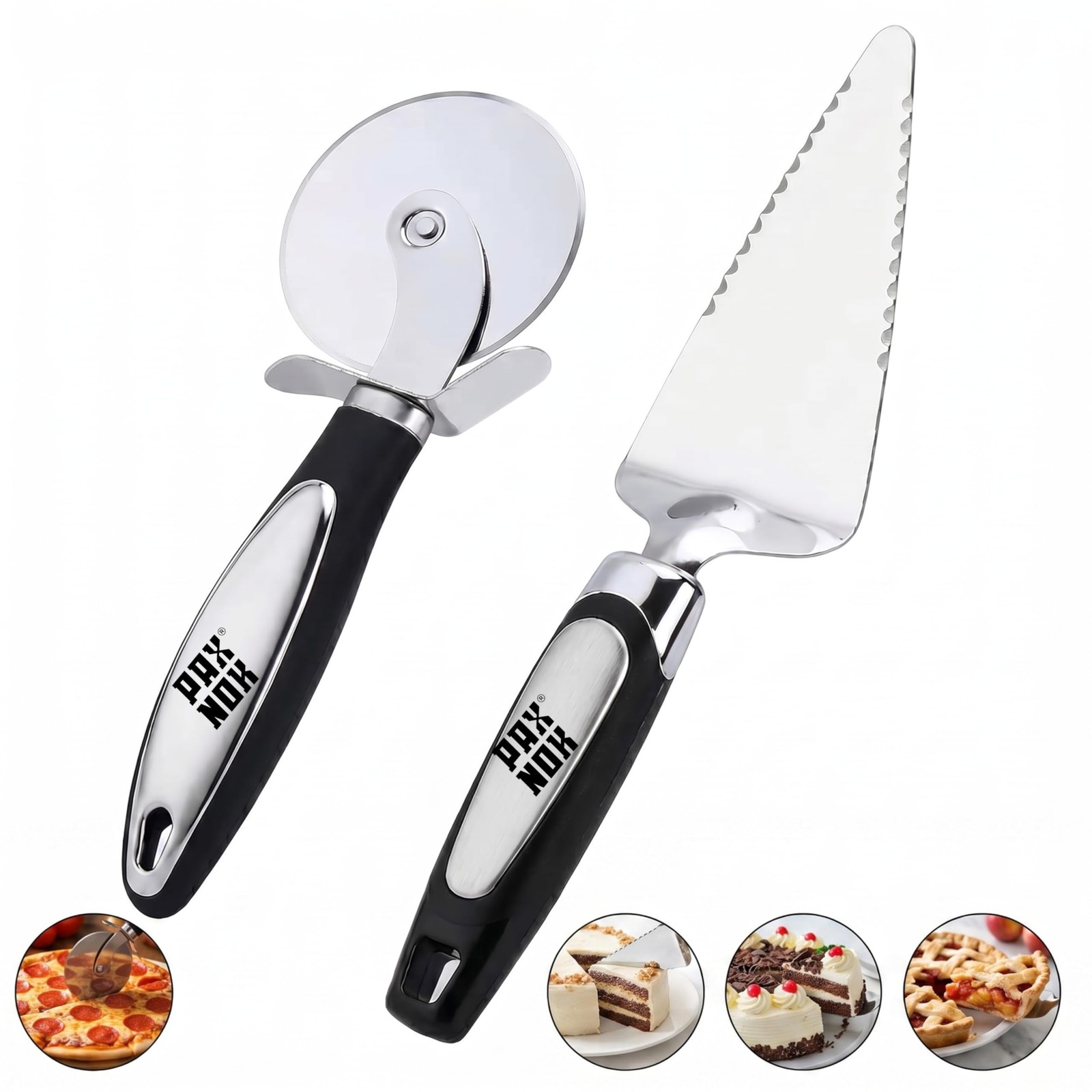 Paxnok Pizza Cutter and Pie Server Set – Stainless Steel Wheel Black