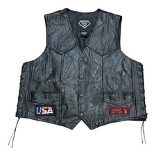 Diamond Plate Buffalo Leather Biker Vest Mens Large Patchwork Eagle Patches
