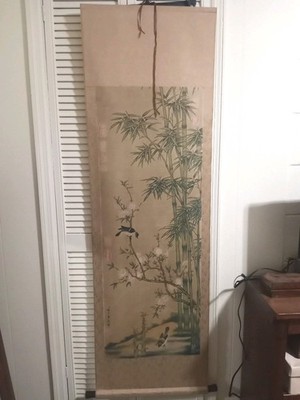 Asian Wall Hanging Scroll  Bamboo & Birds Painting Art Rice Paper & Silk 24''x62''