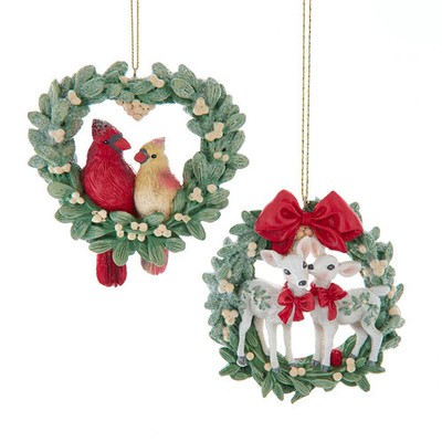Kurt Adler Mistletoe Wreath With Cardinal and Deer Couple Ornament Set E1017