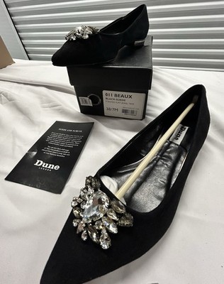 Dune London Beauxpointed Flat Jewel Trim Flats Black Suede  Rhinestones 38 Sz 7