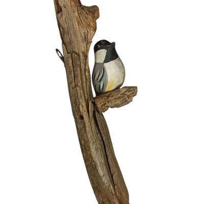 VTG Hand Carved Painted Wood Bird Chickadee Perched On Driftwood Wall Decor 7''