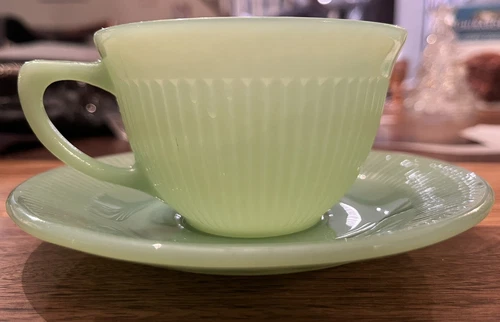 Vintage FIRE KING JADEITE - JANE RAY RIBBED TEACUP & SAUCER MCM