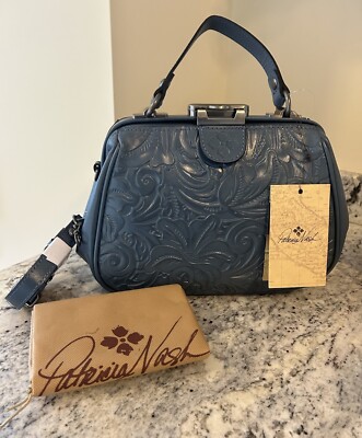 Patricia Nash Gracchi Frame Leather Satchel Crossbody Bag Mirage Blue Strap NWT