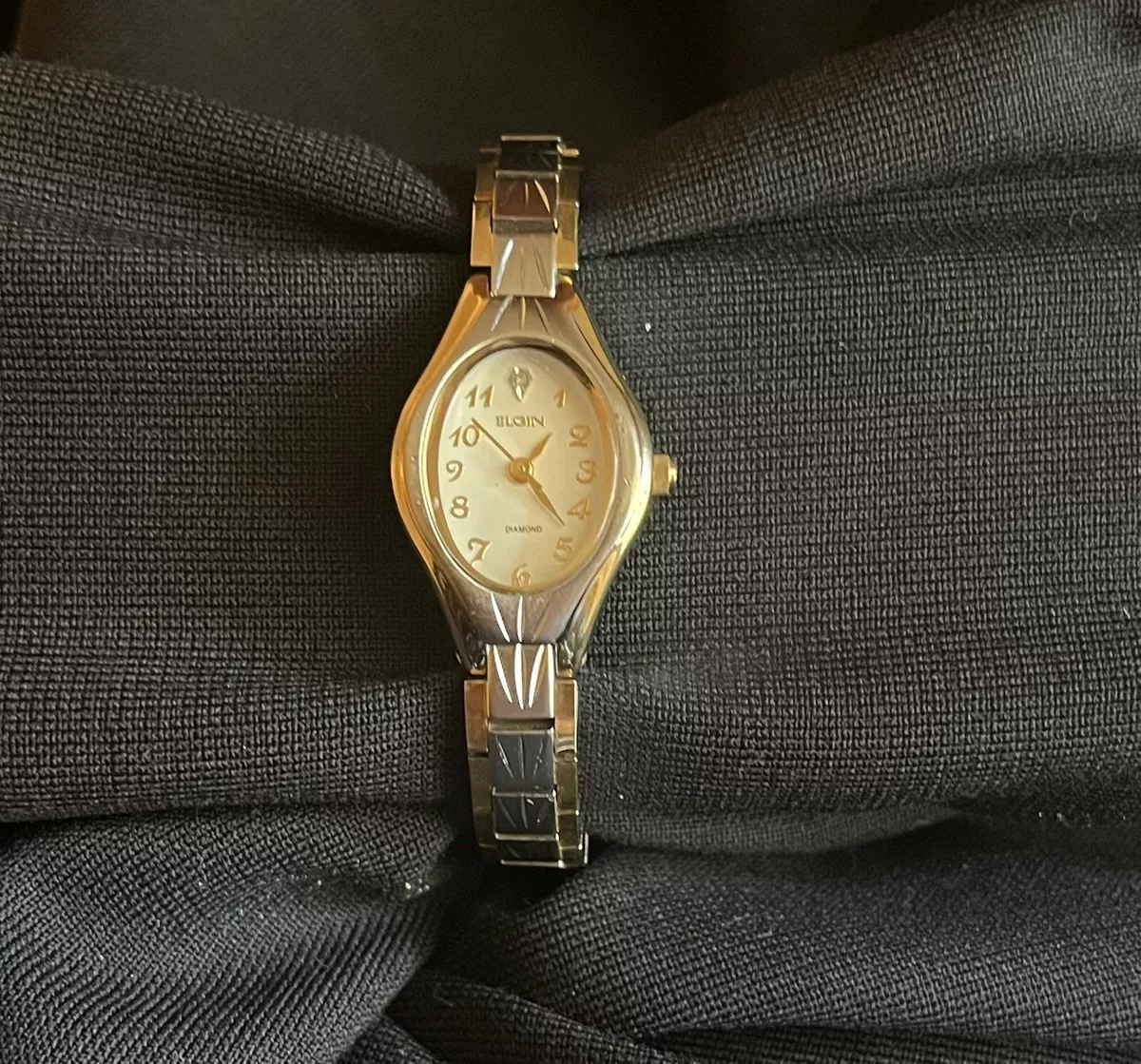 Elgin Diamond Watch Women Gold Silver Tone Oval Dial New Battery 6.75