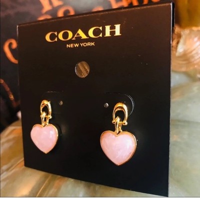 COACH GOLD PINK HEART ROSE QUARTZ DANGLE STUD EARRINGS | eBay display picture 1