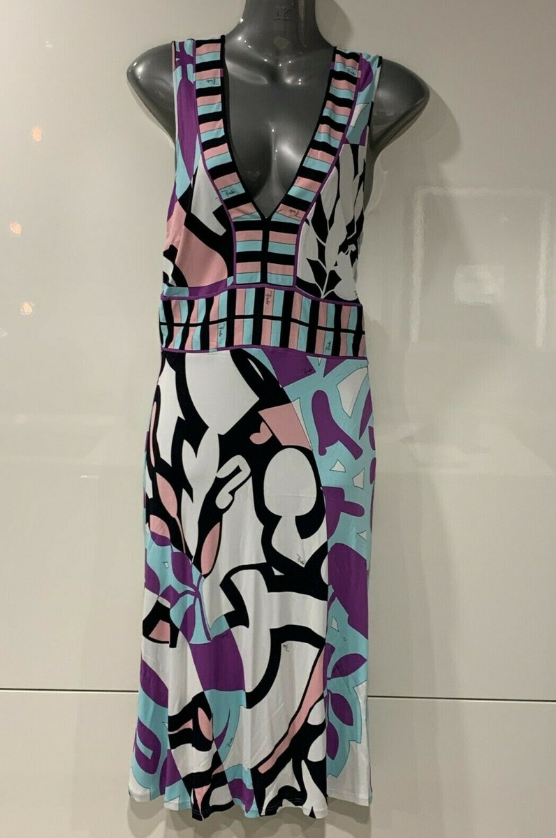【EMILIO PUCCI】ノースリーブワンピ　イタリア　シルク　ブルー　36 EMILIO PUCCI】ノースリーブワンピ イタリア シルク ブルー 36