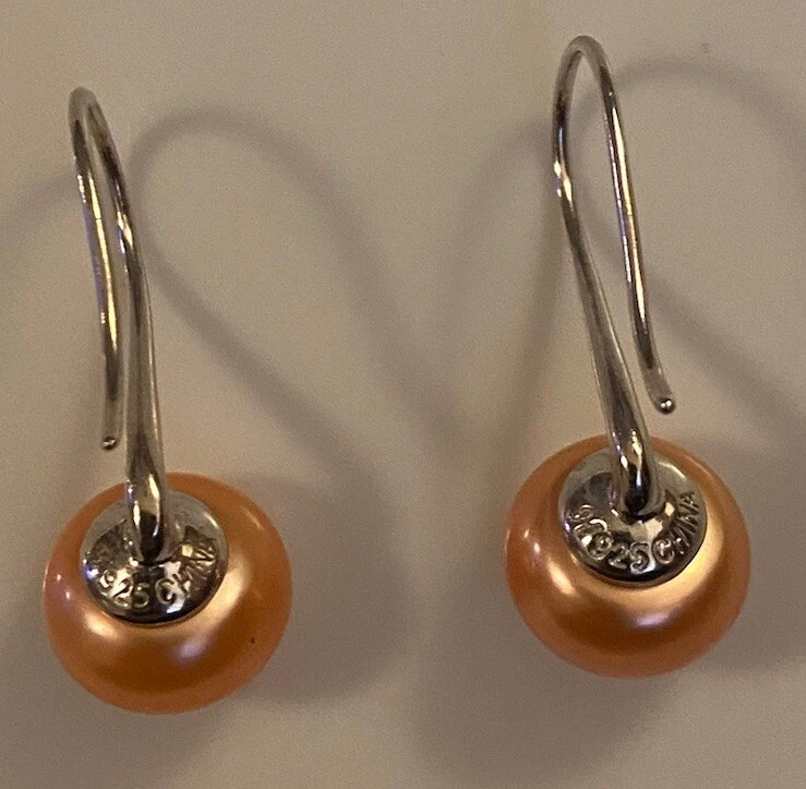 Pendientes colgantes de perlas de agua dulce melocotón brillante de plata esterlina H firmados por Honora Foto 2 de 4