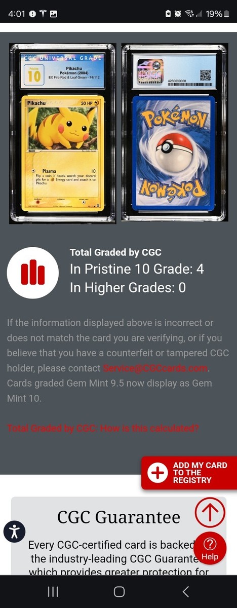 POP 4) CGC 10 PRISTINE Pikachu 74/112 Fire Red Leaf Green POP 4) CGC 10 PRISTINE Pikachu 74/112 Fire Red Leaf Green