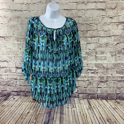 Express Blouse Womens Size Medium Multicolor Abstract Sheer 3/4 Roll Tab Sleeve