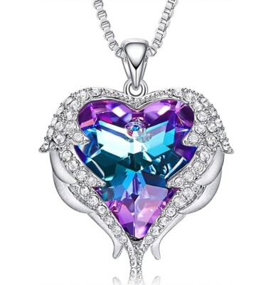 Women's Angel Wing Hug Silver Pendant w/ Blue & Purple Heart Crystal & CZ Stones