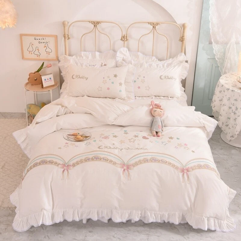 Luxury Cotton Stars Love Embroidery Princess Girl Bedding Set