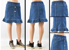 Little Girls Stretch Denim Skirt pockets ruffle indigo wash elastic RK-79263
