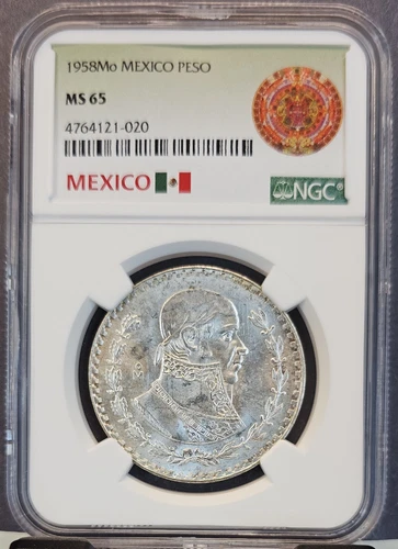 1958 MEXICO SILVER 1 PESO JOSE MORELOS NGC MS 65 GEM BU BEAUTIFUL LUSTER