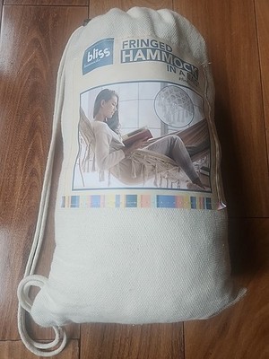 Bliss Hammocks Polyester Hand-Braided Hammock in a Bag Crochet Fringed Cream