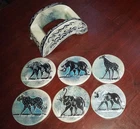 Vtg African Soapstone Coasters 6 W/Holder Hand Painted African Wildlife