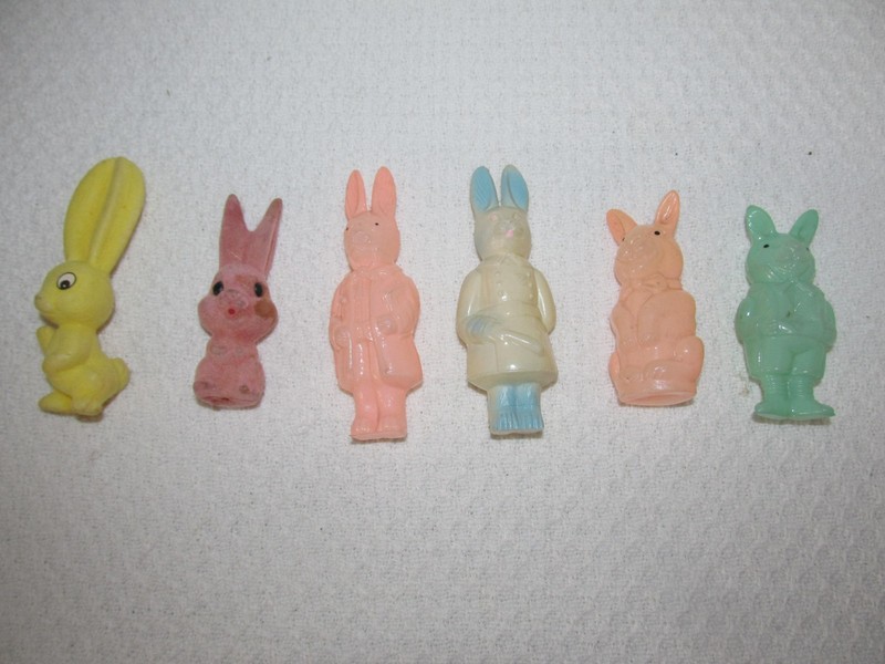 6 Plastic/Felt Celluloid Easter Spring Bunnies Rattles 1920s Viscoloid Company