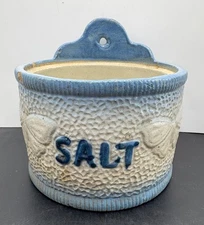 ANTIQUE STONEWARE SALT GLAZE BLUE & WHITE CROCK BUTTERFLIES- NO LID