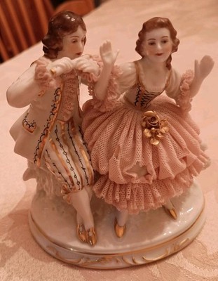 Antique German Dresden Lace Figurine of Courting Couple in Renaissance Dress