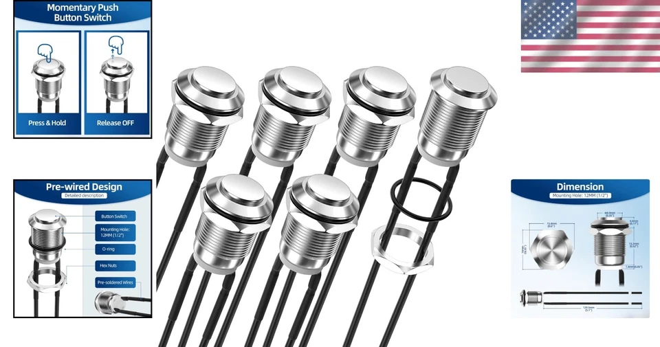 12V Waterproof Metal Push Button Switch 12mm SPST ON Off for Automotive Marine - Image 2 of 4