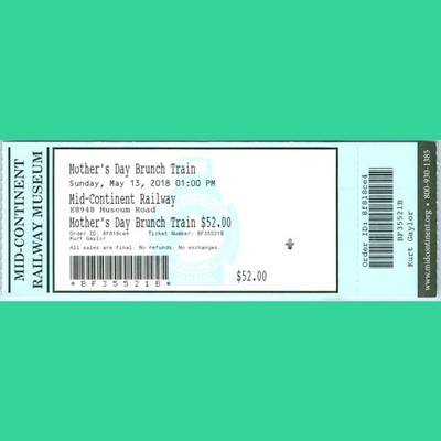 2018 Mid-Continent Railway Museum Ticket Mother's Day Brunch Train North Freedom