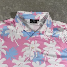 Sunday Swagger Polo Shirt Mens Medium Pink Blue White Palm Tree Golf Stretch