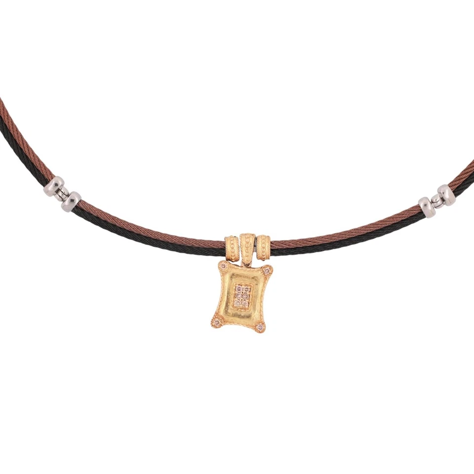 Philippe Charriol Diamante Oro 18K Colgante Acero Doble Cable Alambre Collar 17" Foto 3 de 4
