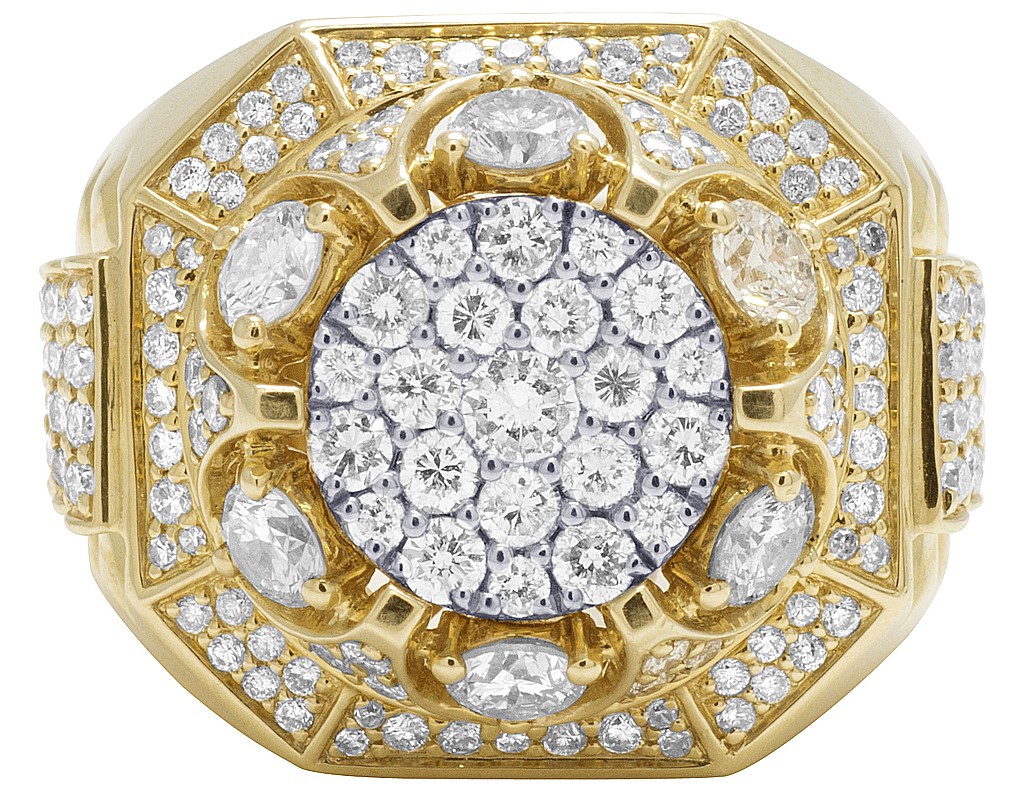 10K Yellow Gold Crown 3D XL Cluster Step Shank Real Diamond Pinky