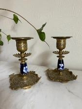 Antique Set Of Two English Aesthetic Movement Brass Candlesticks Ornate 5.5"x3"
