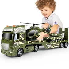 Green Military Big Truck Toys,25.6" Semi Truck Toy with Helicopters and Tank,...