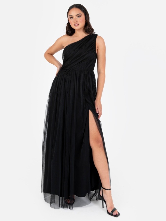 Maxi Vestido Anaya With Love Negro Reciclado Un Hombro