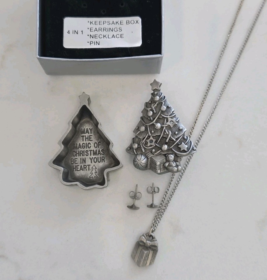 Vintage MS DEE Pewter Tree AND Angel Brooch Trinket Box Earring ...