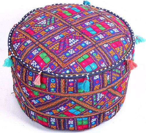 Decorative 22" Blue Round Embroidered Ottoman Pouf Footstool Chair Seating Cover - Picture 5 of 6