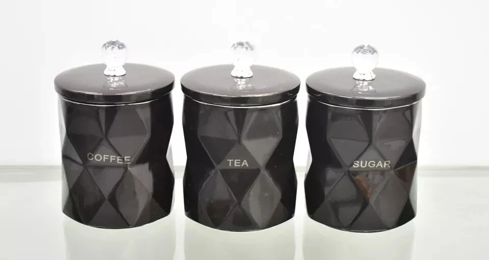Set of 3 Black Marble Design Coffee Tea Sugar Canisters Container Kitchen Jar