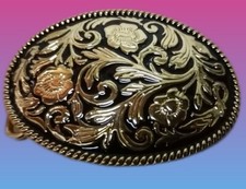 Western Antique Metal Floral Engraved Gold Accent edged belt buckle